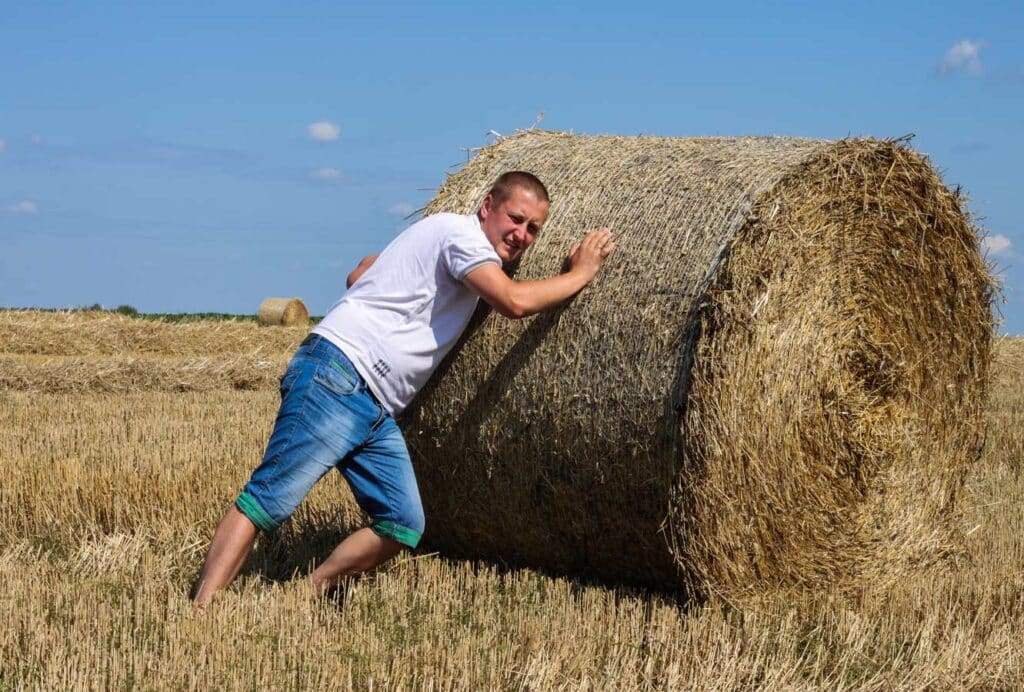 young-man-field-with-wheat-haystacks looking like he is trying to push the hay bale