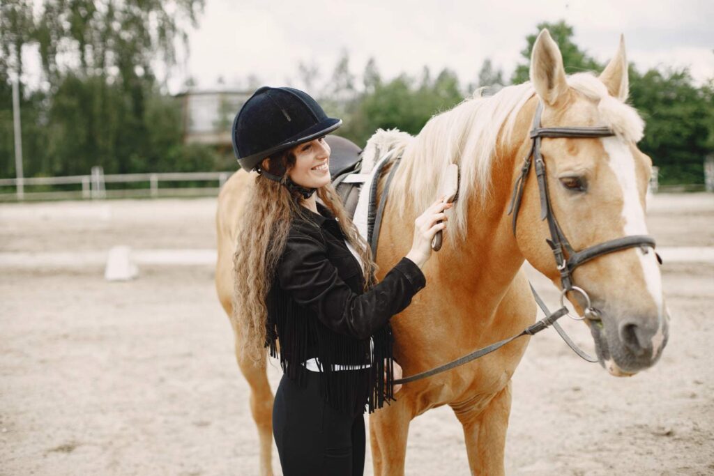 Female brushing her horses mane.