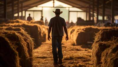 Farmer walking through hay bale storage barn.