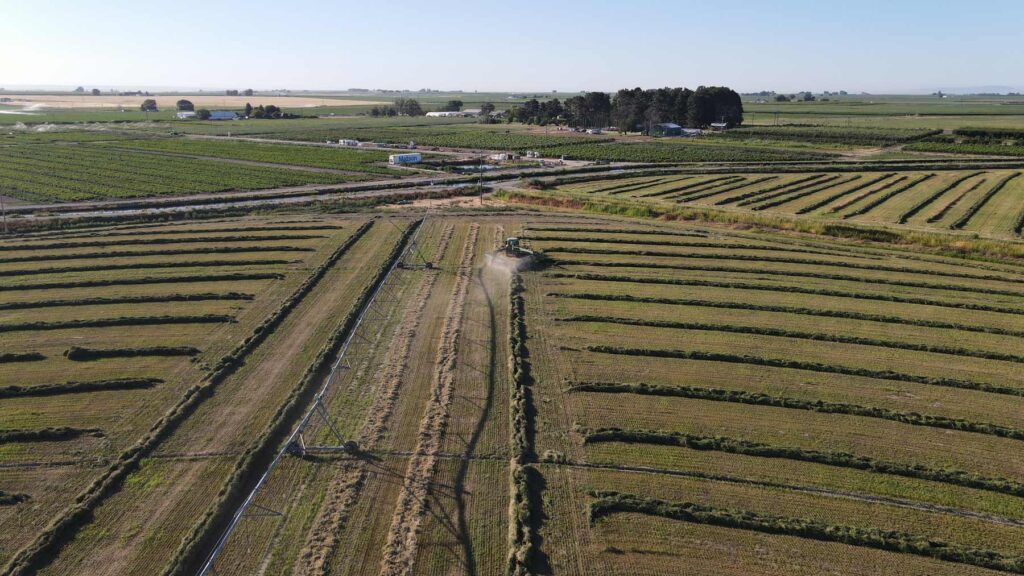 Large Hay farms with tractor plowing.