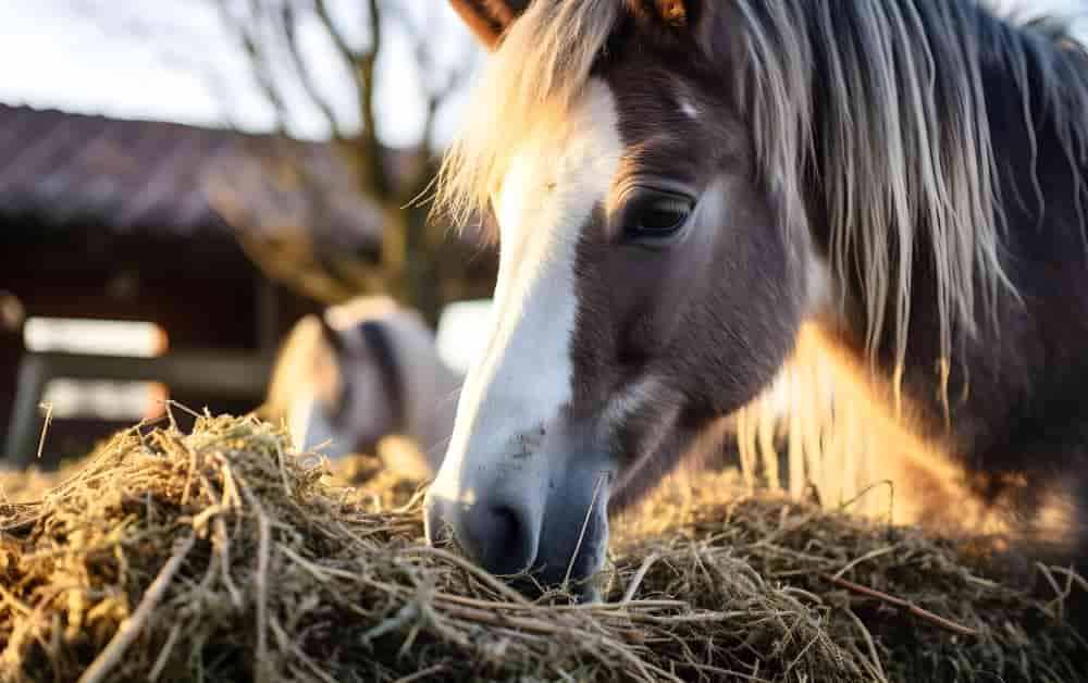 Close up on horse eating hay