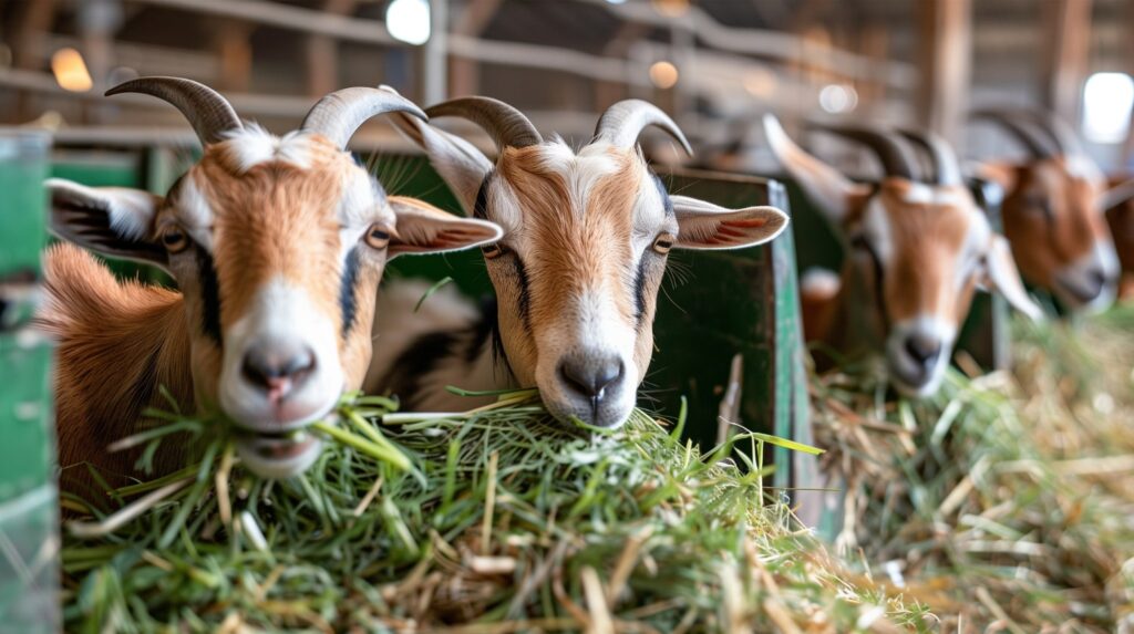Goats eating green grass hay