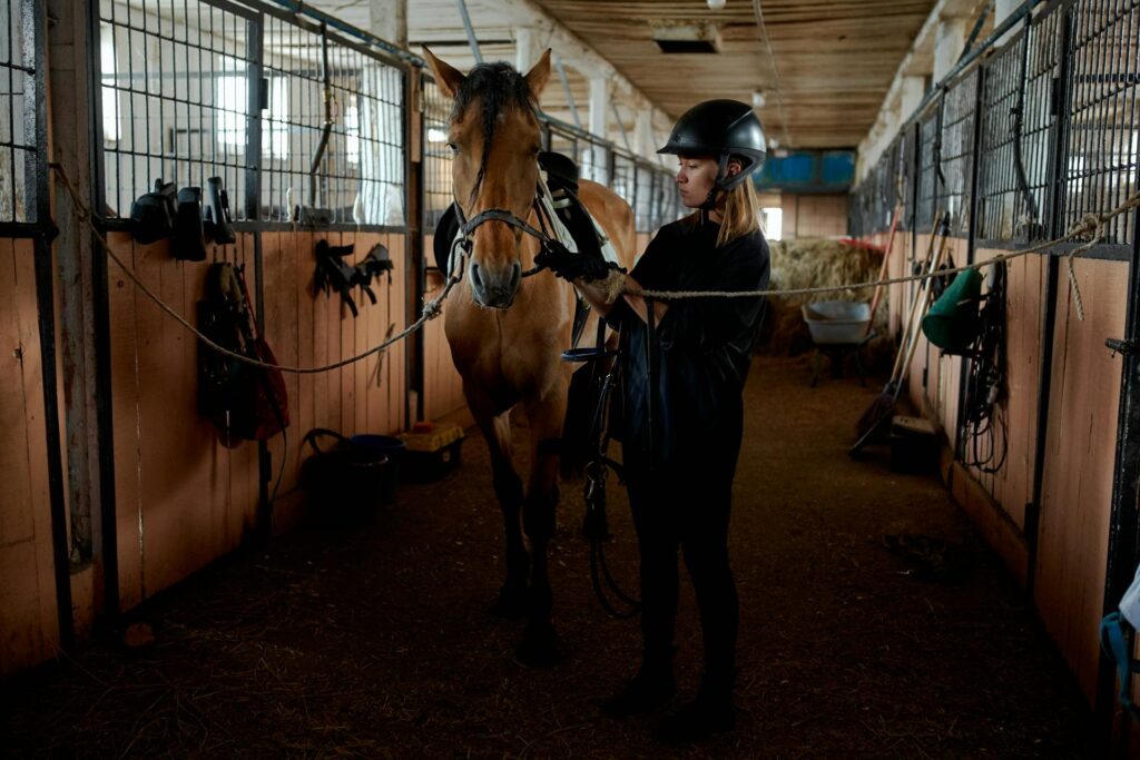 Young woman with horse in stable