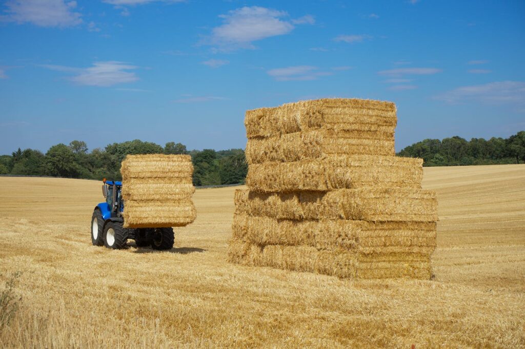 A Tractor Carrying a Stack of Hay next to a larger stack of hay