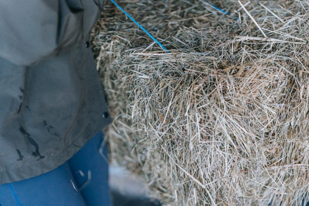 person grabbing a hay bale from the stack of hay bales