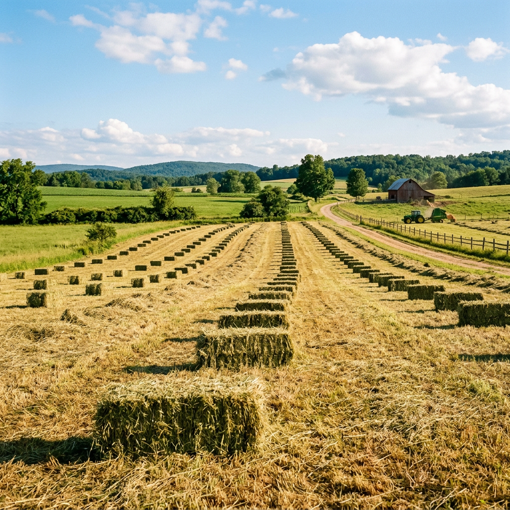 Rows of hay bales in a field with a barn, tractor, and hills