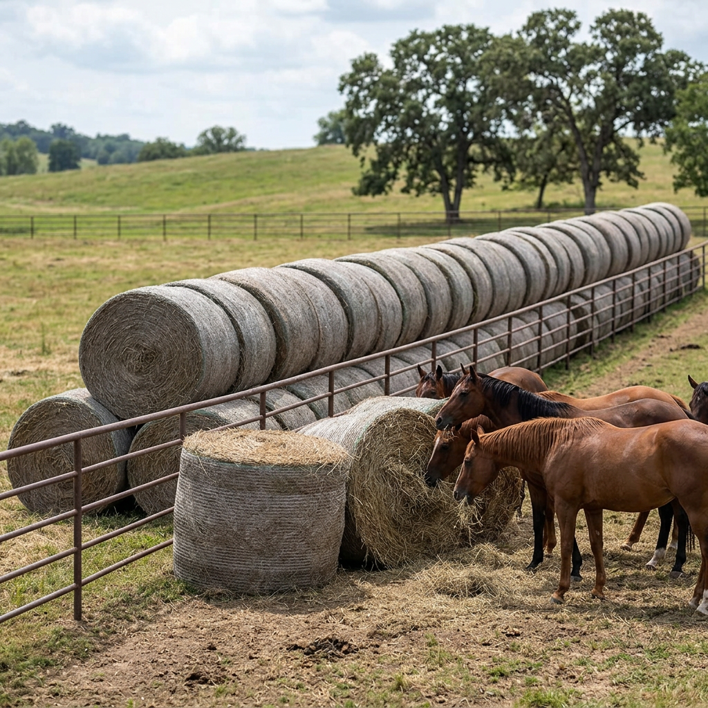 Several horses eating hay beside round bales in a fenced pasture