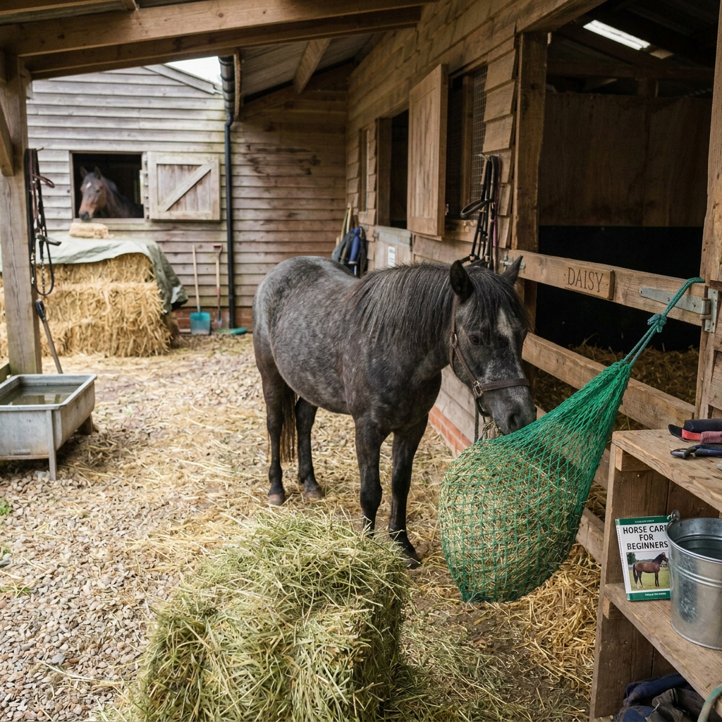 Woman feeding hay to a black horse in a wooden stable