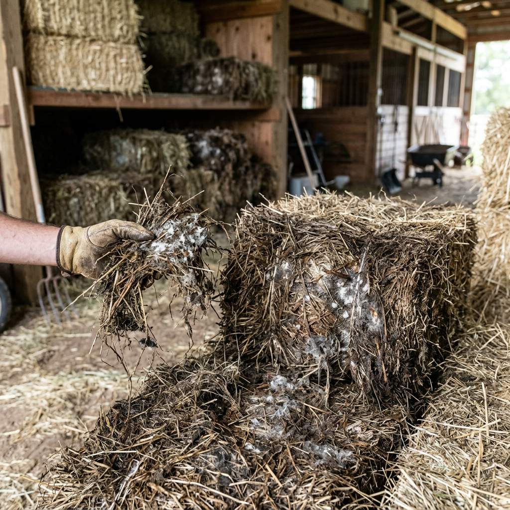 Gloved hand holding mold-covered hay beside stacked bales