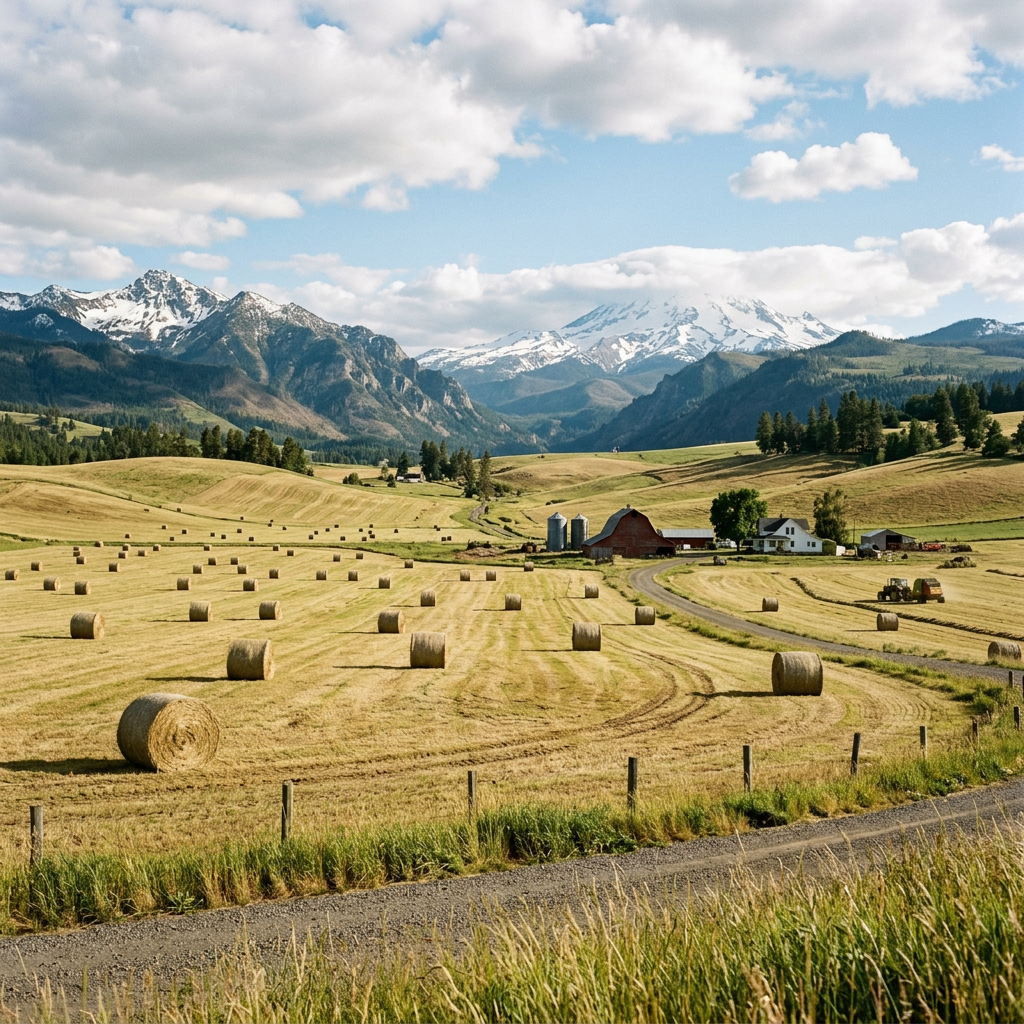 Hayfield with round bales, farmhouse, and snow-capped mountains