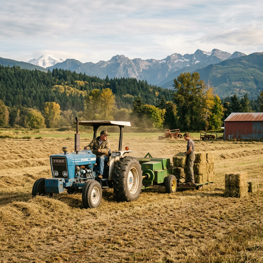 Two farmers harvesting hay with a blue tractor in a mountain valley