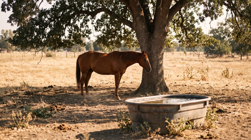 Horse grazing under a shade tree in a sunny pasture