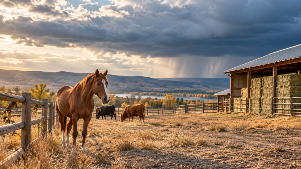 Chestnut horse and cattle on a dry Washington farm beneath storm clouds, with hay stored in a barn.