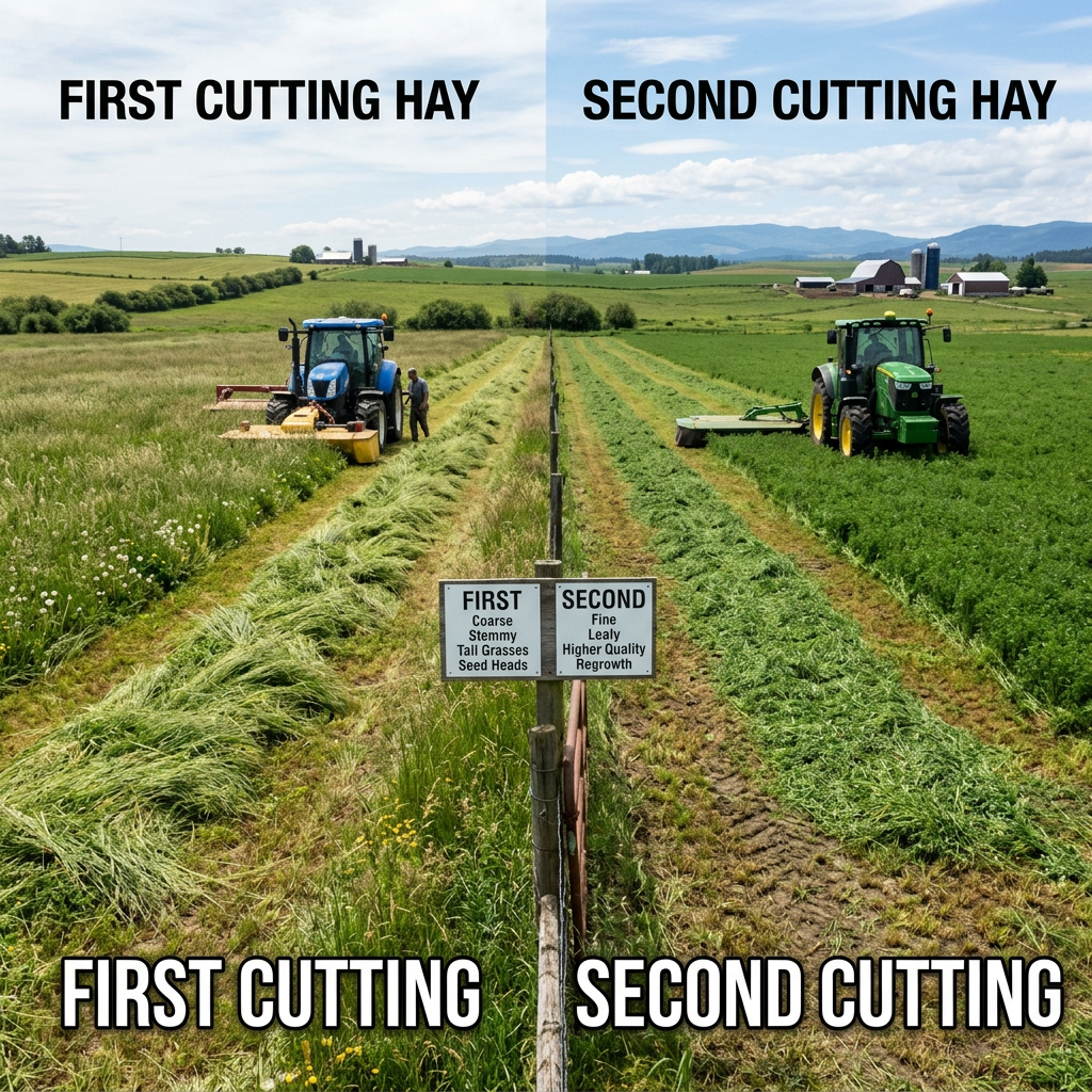 Comparison of first and second hay cuttings with tractors and labeled signs